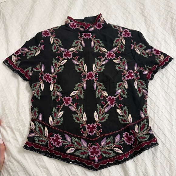 Vintage Pappell Boutique Evening 100% Silk Beaded Embroidered Top Petite Small - Picture 2 of 7